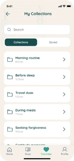 My Collections screen listing Morning routine, Before sleep, Travel duas, During meals and Seeking forgiveness.