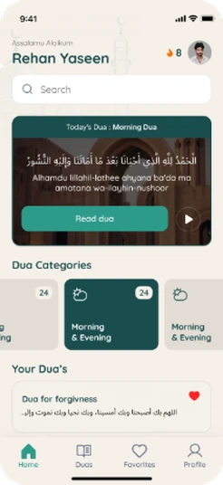 Home screen with today's featured dua, dua categories and a saved dua for forgiveness.