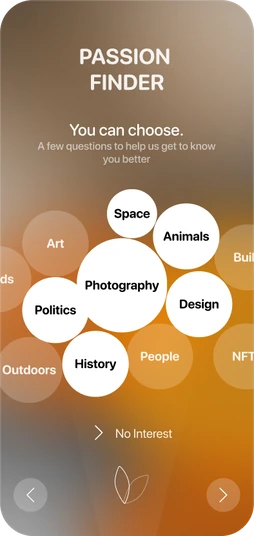 Interests screen with circles for Art, Photography, Space, History and more.
