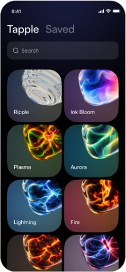 Saved library grid of generative effects named Ripple, Ink Bloom, Plasma, Aurora, Lightning and Fire.