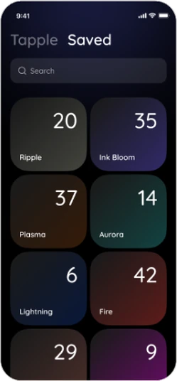 Saved grid showing how many times each effect has been opened, including Fire at 42.